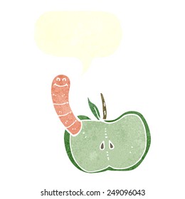cartoon apple with worm with speech bubble
