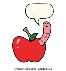 caricatura de manzana con gusano con burbuja de habla