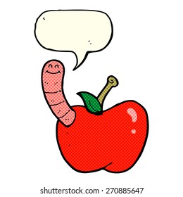 cartoon apple with worm with speech bubble