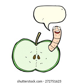 cartoon apple with worm with speech bubble