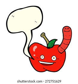cartoon apple with worm with speech bubble