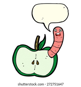 caricatura de manzana con gusano con burbuja de habla