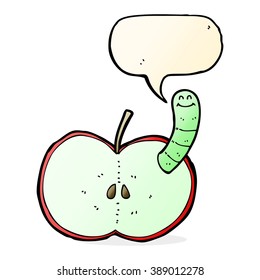 caricatura de manzana con gusano con burbuja de habla