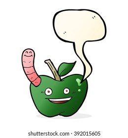 caricatura de manzana con gusano con burbuja de habla