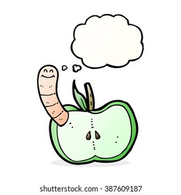 cartoon apple with worm with thought bubble