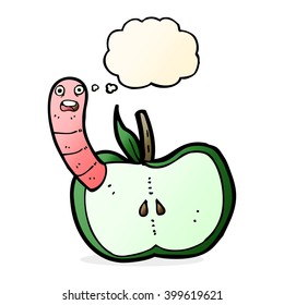 caricatura de manzana con gusano con burbuja de pensamiento