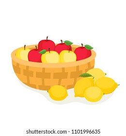 Cartoon apples in basket and lemons isolated on white. Vector illustration of fresh natural organic fruit for banner, tag, magazine