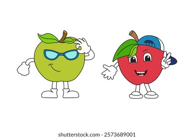 Cartoon apples depicting a teenager with glasses and a cap. Green and red apples on a white background. Hand-drawn vector illustration.