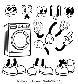 Cartoon Appliance Character Creator: Washing Machine with Mix-and-Match Eyes, Hands, and Footwear Elements Vector