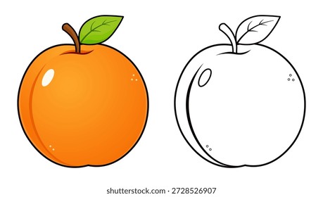 Fruta de albaricoque de dibujos animados con tallo y hoja para colorear