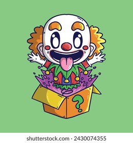 Cartoon April fool day with clown box surprise vector illustration. Hand drawn vector illustration