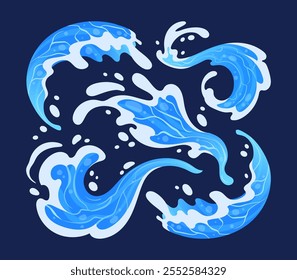 Cartoon aqua splashes. Blue water drops, transparent water splash, liquid water flows and streams flat vector illustration. Flowing water splashes