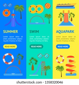 Cartoon Aquapark Playground Banner Vecrtical Set Summer Fun Amusement Concept Flat Design Style. Vector illustration of Outdoor Aqua Recreation