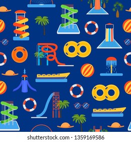 Cartoon Aquapark Playground Seamless Pattern Background Summer Fun Amusement Concept Flat Design Style. Vector illustration of Outdoor Aqua Recreation