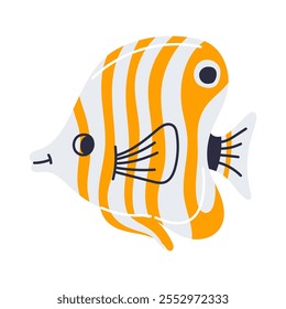 Cartoon aquarium butterfly fish. Cute tropical red sea fish in doodle style. Isolated vector illustration in white background.