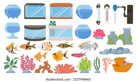 Cartoon Aquarium Dekoration, Unterwasserpflanzen, Algen, Steine und Hausfische. Leere Aquarien Tank, Wasserfauna, Filter und Lampenvektorset. Farbige Fische, Ausrüstung als Thermometer