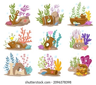 Cartoon aquarium decorations, marine seaweeds, coral and stones. Underwater aquarium accessory compositions vector illustration set. Aquaria decoration elements as ship, anchor and fish skeleton