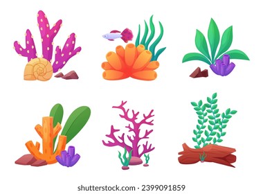 Cartoon aquarium decorations, stones, shells and wood. Underwater compositions, algae and sea plants. Decorative ocean elements, nowaday vector set