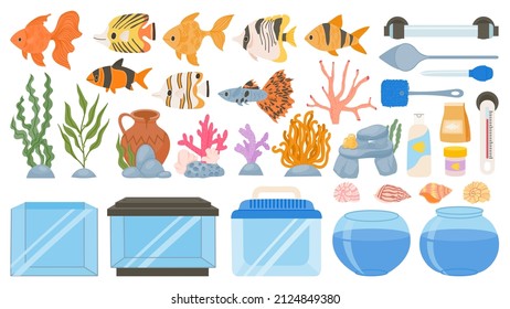 Cartoon aquarium fish, food, decoration, tank, tools and equipment. Underwater seaweeds, corals and seashells. Aquarium accessory vector set. Illustration of aquarium animal water and decoration