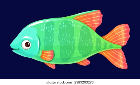 Cartoon aquarium fish funny character. Aquatic underwater life, marine ecosystem animal or freshwater aquarium hobby pet cheerful vector personage. Reef fish comical mascot or isolated funny character