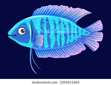 Pescado acuario de dibujos animados. Los peces de agua dulce conocidos por su coloración vibrante y sus distintivas franjas horizontales. Animal submarino adorableV