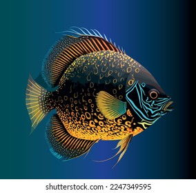 Cartoon aquarium fish with patterns. Vector illustration, print for background, print on fabric, paper, wallpaper, packaging.	