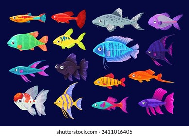 Pesca de acuario de dibujos animados. Pescado de pez dorado vectorial, pez cola de espada, pez cuerno de flores. Telescopio, bagre con escalar, pez ángel y cachorro con corteza de tigre verde, conjunto de animales exóticos submarinos coloridos tropicales