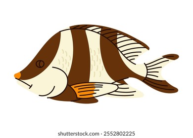 Cartoon aquarium sea ​​bass fish. Cute tropical red sea grouper in doodle style. Isolated vector illustration in white background.