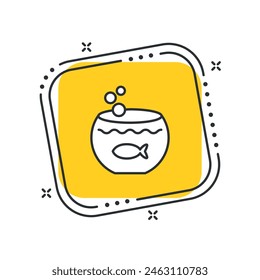 Cartoon aquarium vector illustration. Fish bowl on isolated yellow square background. Fishbowl sign concept.
