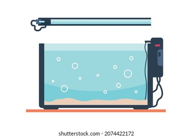 Cartoon aquarium with water and lamp. Empty fish tank template. Square fishbowl with air bubbles and sand. Isolated home furniture for swimming pets care. Vector full aqua glass cube