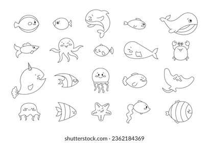 Animales acuáticos de dibujos animados. Colorante de página. Personajes de peces en el mundo submarino. Vida marina. Dibujo de vectores. Colección de elementos de diseño.