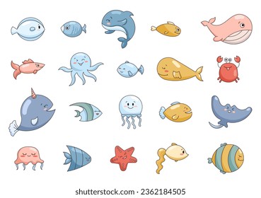 Animales acuáticos de dibujos animados. Personajes de peces en el mundo submarino. Vida marina. Dibujo de vectores. Colección de elementos de diseño.