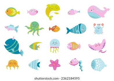 Animales acuáticos de dibujos animados. Personajes de peces en el mundo submarino. Vida marina. Dibujo de vectores. Colección de elementos de diseño.