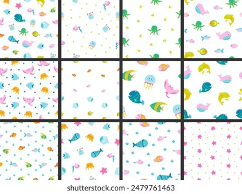 Cartoon aquatic animals. Seamless pattern. Fish characters underwater world. Marine life. Vector drawing. Collection of design ornaments.