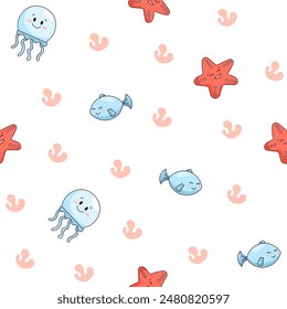 Cartoon aquatic animals. Seamless pattern. Fish characters underwater world. Marine life. Vector drawing. Design ornaments.