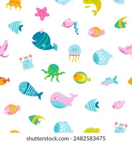 Cartoon aquatic animals. Seamless pattern. Fish characters underwater world. Marine life. Vector drawing. Design ornaments.