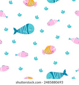 Cartoon aquatic animals. Seamless pattern. Fish characters underwater world. Marine life. Vector drawing. Design ornaments.