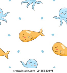 Cartoon aquatic animals. Seamless pattern. Fish characters underwater world. Marine life. Vector drawing. Design ornaments.