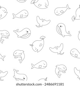 Cartoon aquatic animals. Seamless pattern. Coloring Page. Fish characters underwater world. Marine life. Vector drawing. Design ornaments.