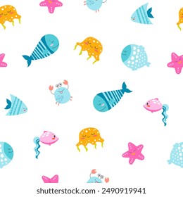 Cartoon aquatic animals. Seamless pattern. Fish characters underwater world. Marine life. Vector drawing. Design ornaments.