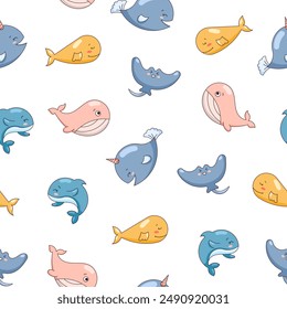 Cartoon aquatic animals. Seamless pattern. Fish characters underwater world. Marine life. Vector drawing. Design ornaments.