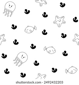 Cartoon aquatic animals. Seamless pattern. Coloring Page. Fish characters underwater world. Marine life. Vector drawing. Design ornaments.