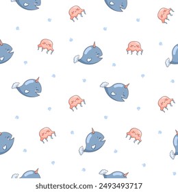 Cartoon aquatic animals. Seamless pattern. Fish characters underwater world. Marine life. Vector drawing. Design ornaments.