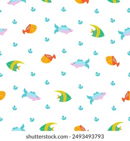 Cartoon aquatic animals. Seamless pattern. Fish characters underwater world. Marine life. Vector drawing. Design ornaments.