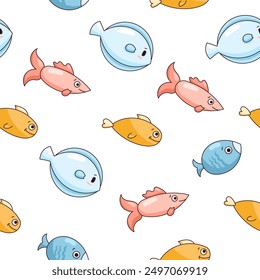 Cartoon aquatic animals. Seamless pattern. Fish characters underwater world. Marine life. Vector drawing. Design ornaments.