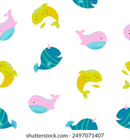 Cartoon aquatic animals. Seamless pattern. Fish characters underwater world. Marine life. Vector drawing. Design ornaments.