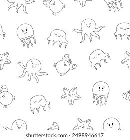 Cartoon aquatic animals. Seamless pattern. Coloring Page. Fish characters underwater world. Marine life. Vector drawing. Design ornaments.