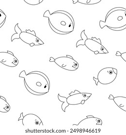 Cartoon aquatic animals. Seamless pattern. Coloring Page. Fish characters underwater world. Marine life. Vector drawing. Design ornaments.