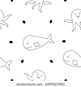 Cartoon aquatic animals. Seamless pattern. Coloring Page. Fish characters underwater world. Marine life. Vector drawing. Design ornaments.