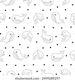 Cartoon aquatic animals. Seamless pattern. Coloring Page. Fish characters underwater world. Marine life. Vector drawing. Design ornaments.